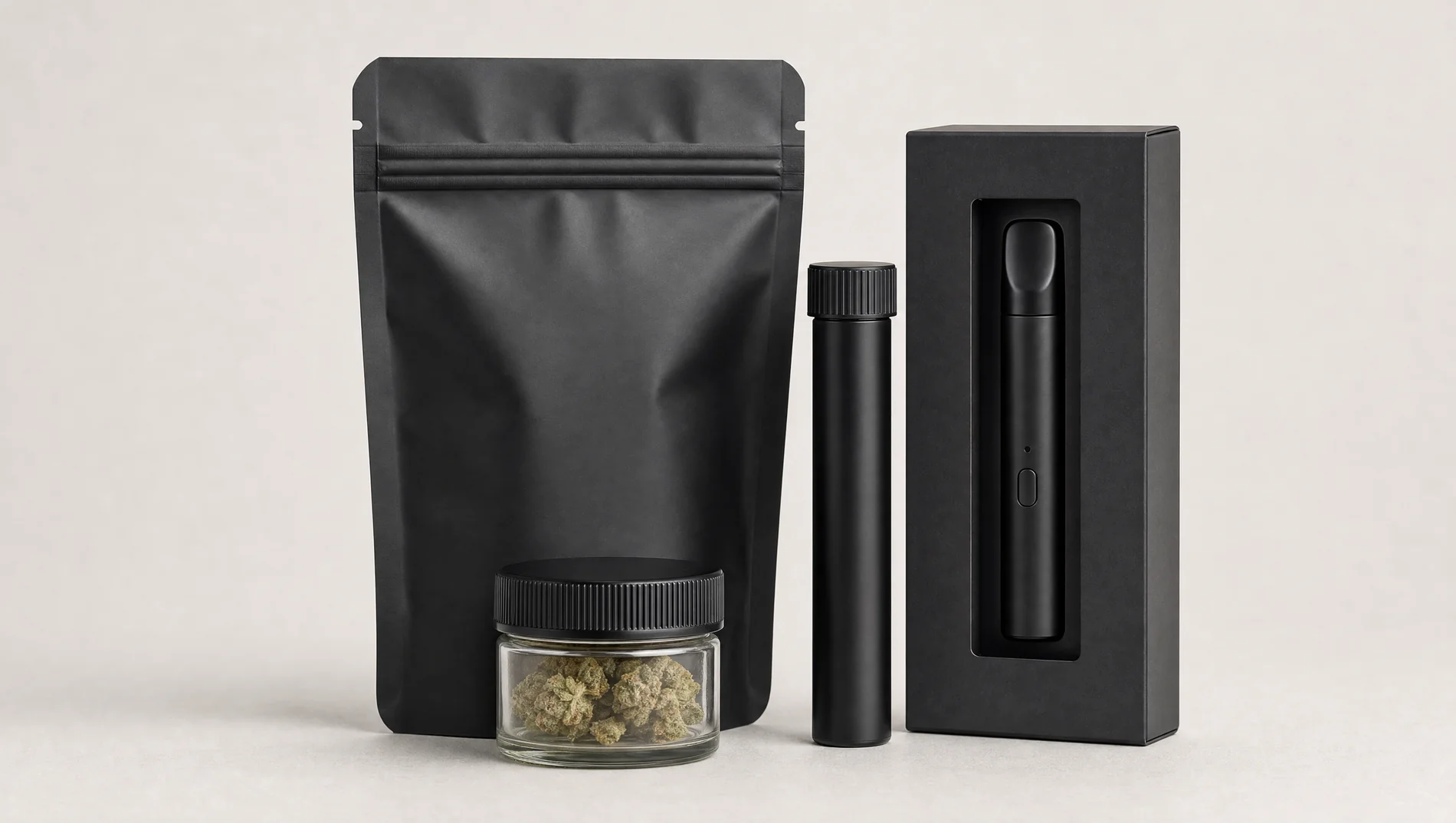 ESVAPES child-resistant packaging suite — mylar bag, pre-roll tube, jar and device carton